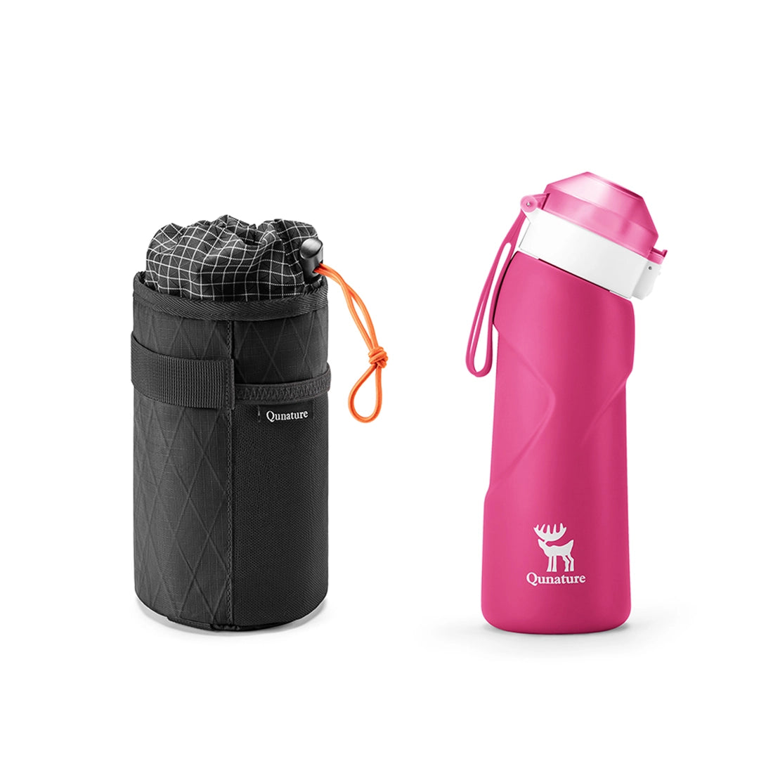 Black carrying case with orange strap and pink water bottle with white cap on a white background
