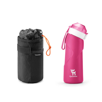 Black carrying case with orange strap and pink water bottle with white cap on a white background