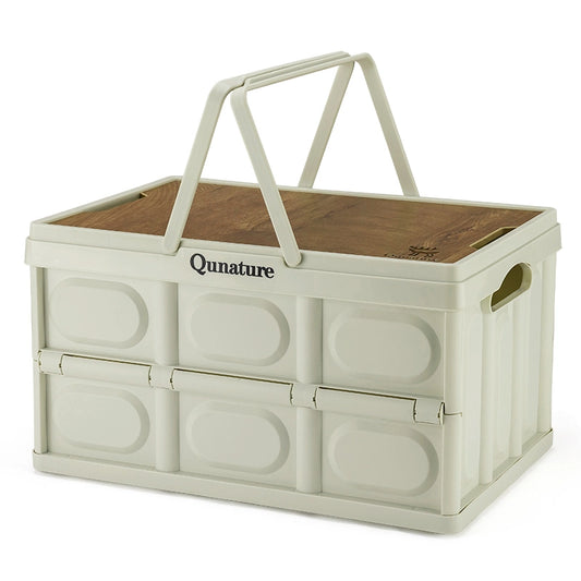 Beige storage crate with wooden top and 'Qunature' branding on a white background