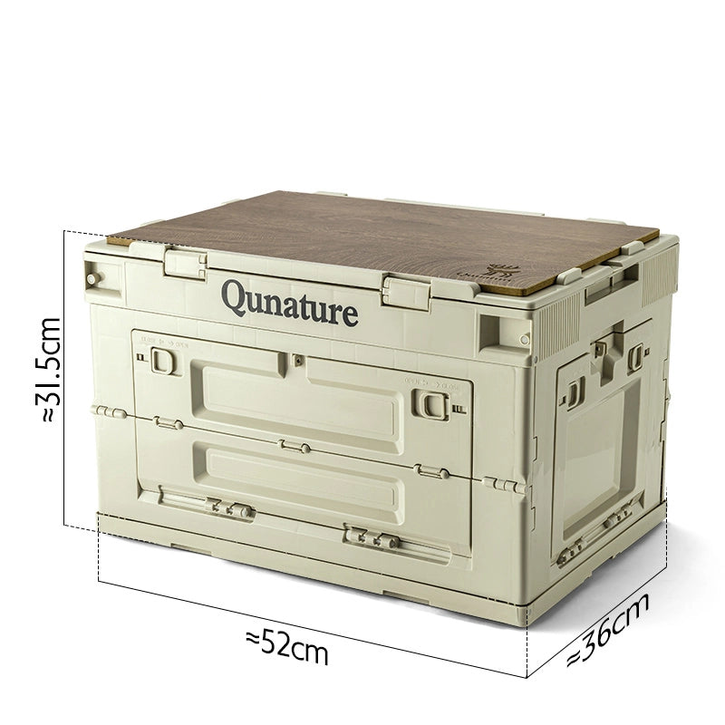 Beige storage crate with wooden top and 'Qunature' branding, showing dimensions on a white background.