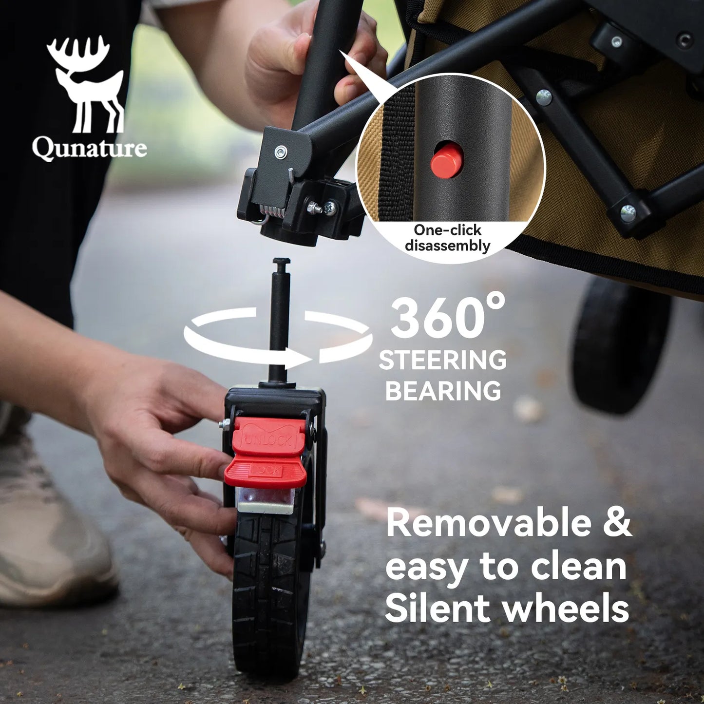 The silent wheels of this camping utility wagon can rotate 360 ​​degrees and can be easily removed with one click.