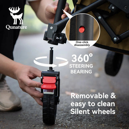 The silent wheels of this camping utility wagon can rotate 360 ​​degrees and can be easily removed with one click.