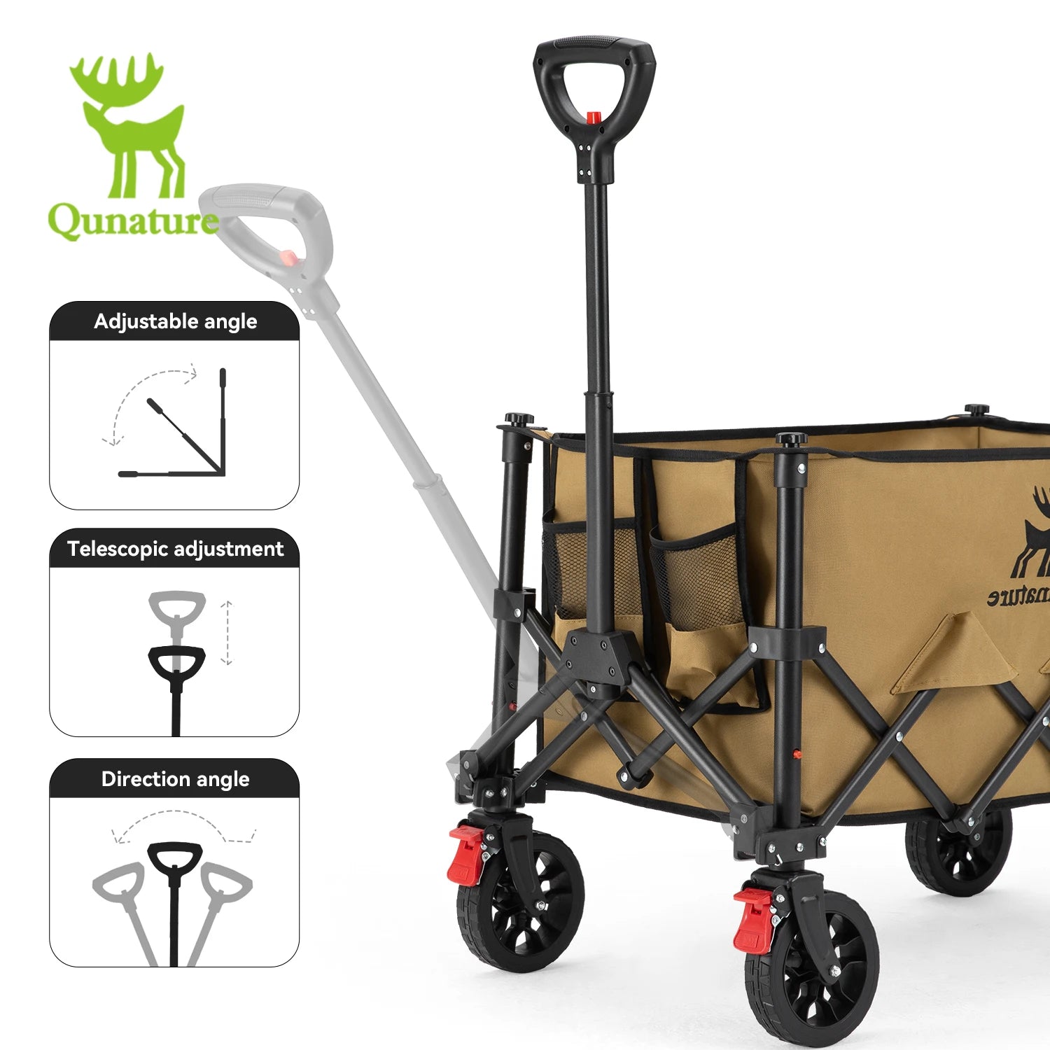 Collapsible wagon with adjustable handle and wheels on a white background, featuring Qunature brand.