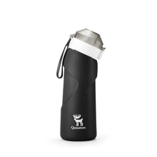 Black water bottle with silver cap and Qunature logo on a white background