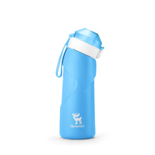 Blue water bottle with a white cap on a white background