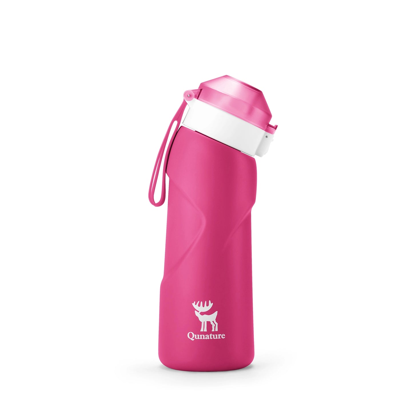 Pink water bottle with white logo on a white background