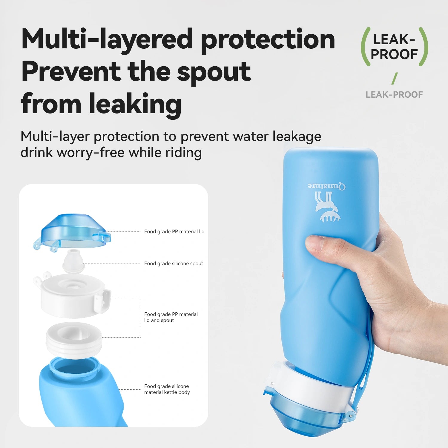 Blue water bottle with multi-layered protection feature on a white background
