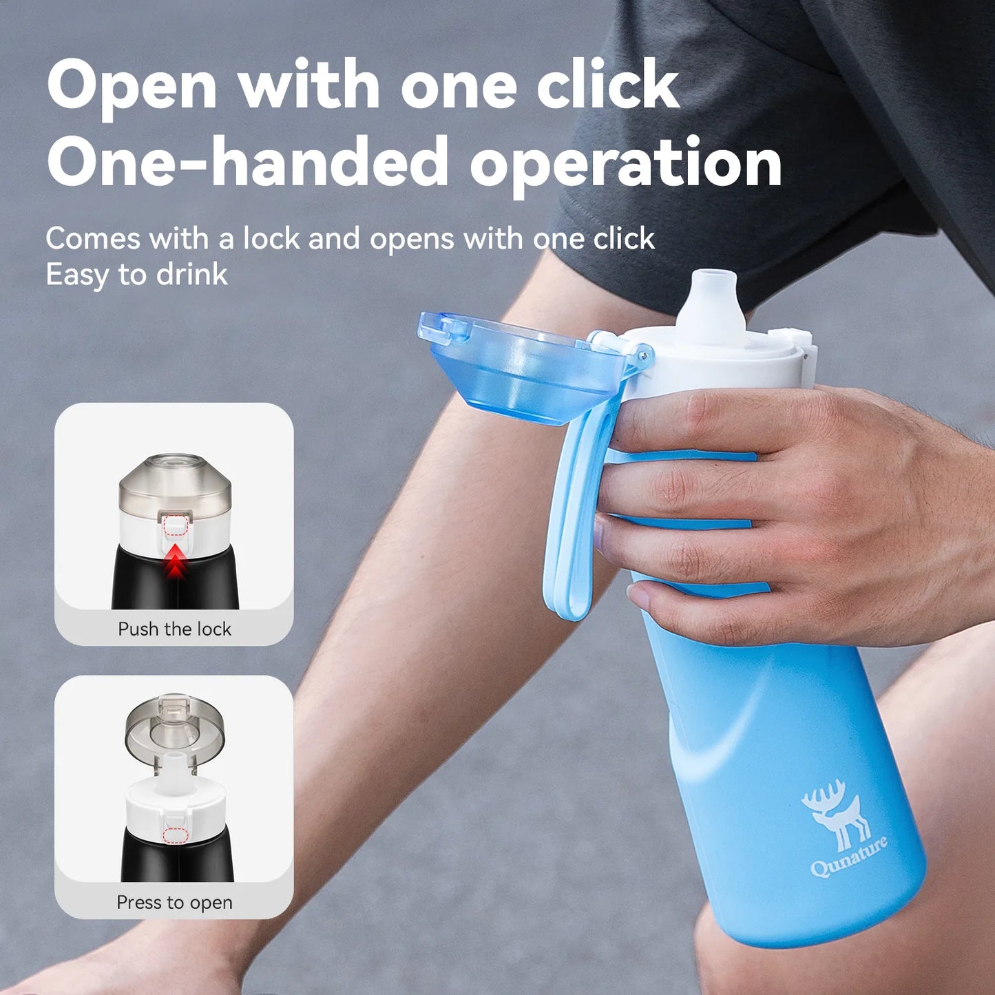 Person holding a blue water bottle with text on one-handed operation and lock feature.