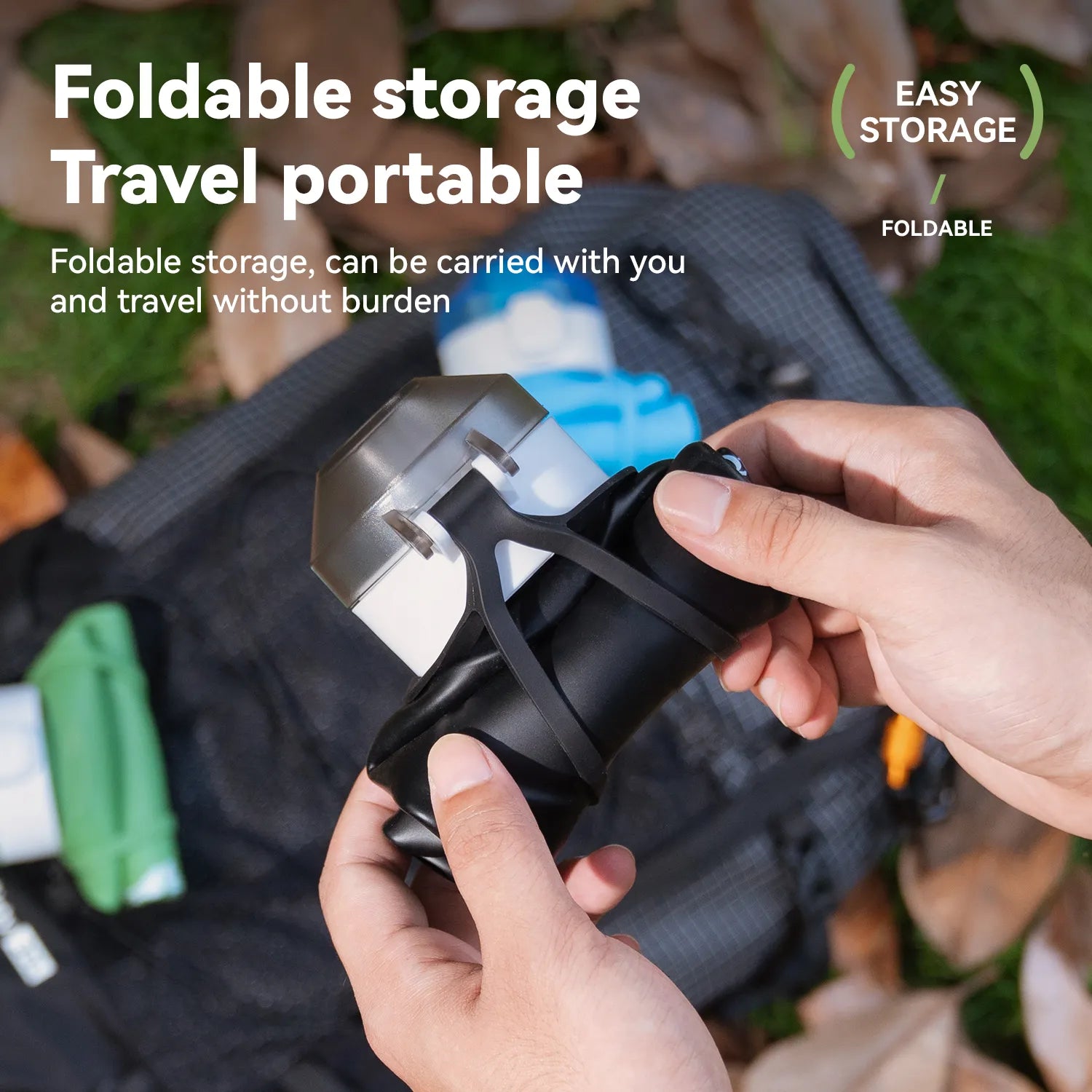 Foldable storage device being held by a person with text highlighting its portability.