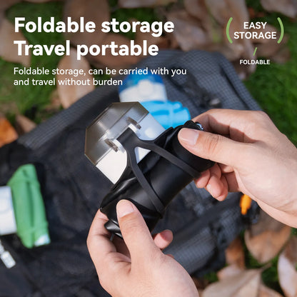 Foldable storage device being held by a person with text highlighting its portability.