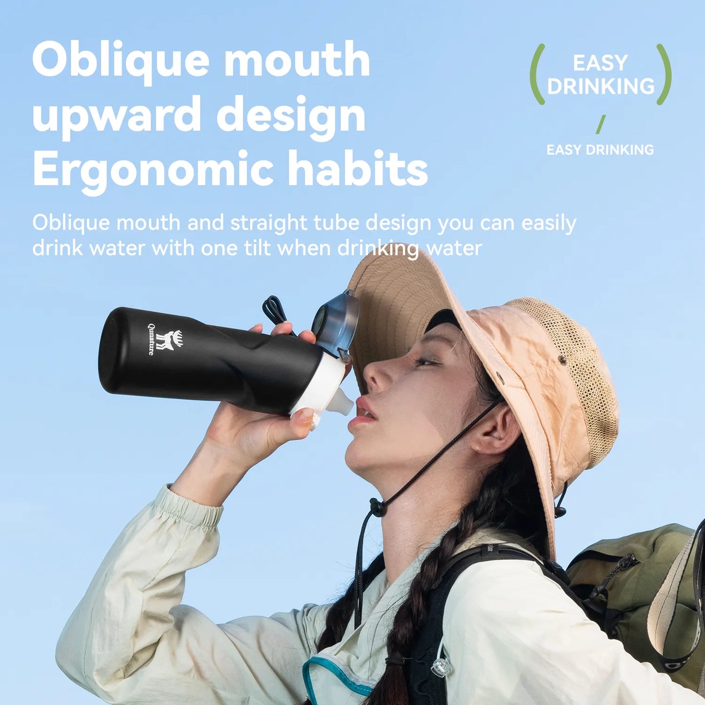 Person drinking from a black water bottle with text about its design and ease of use on a blue background