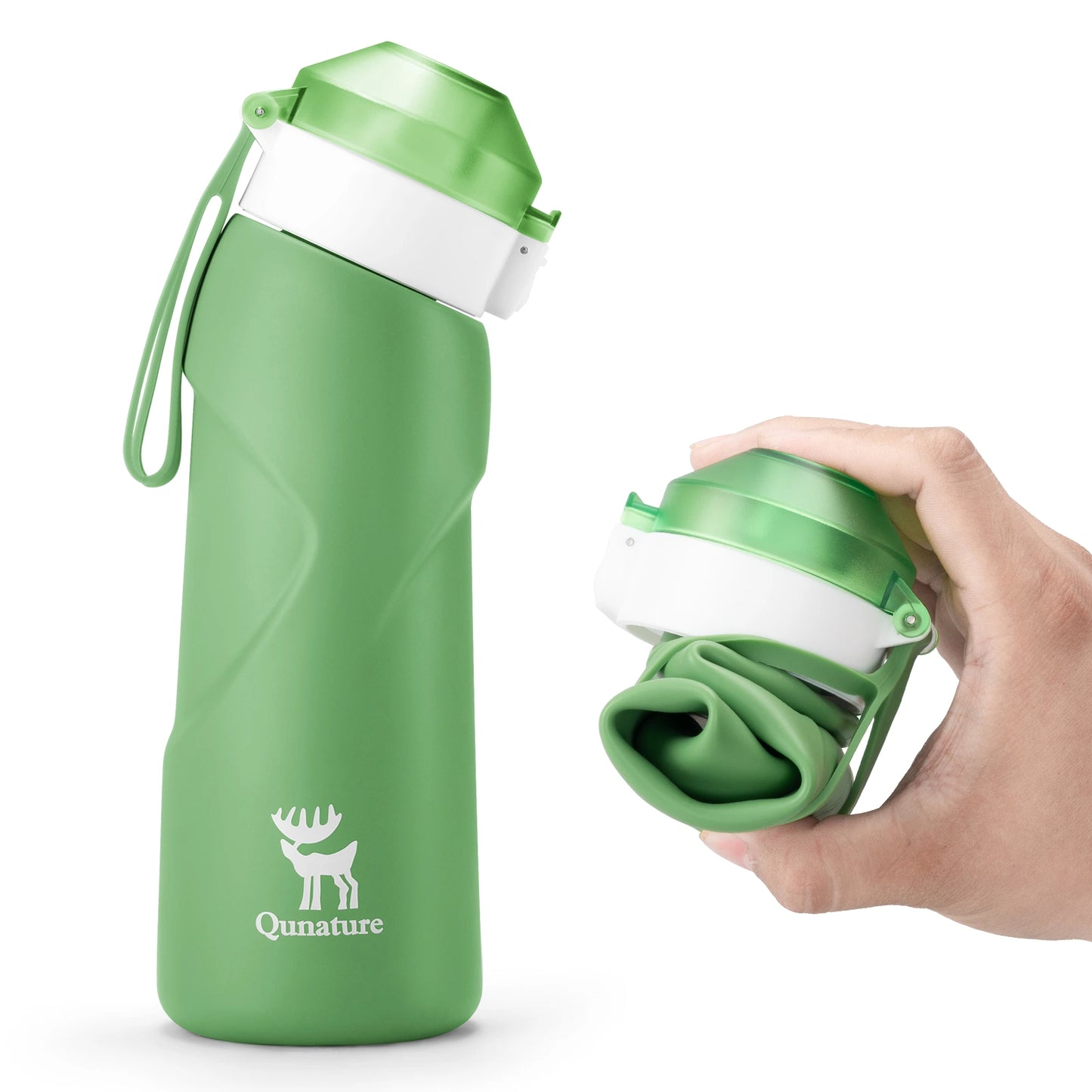 Green water bottle with white cap and Qunature logo on a white background