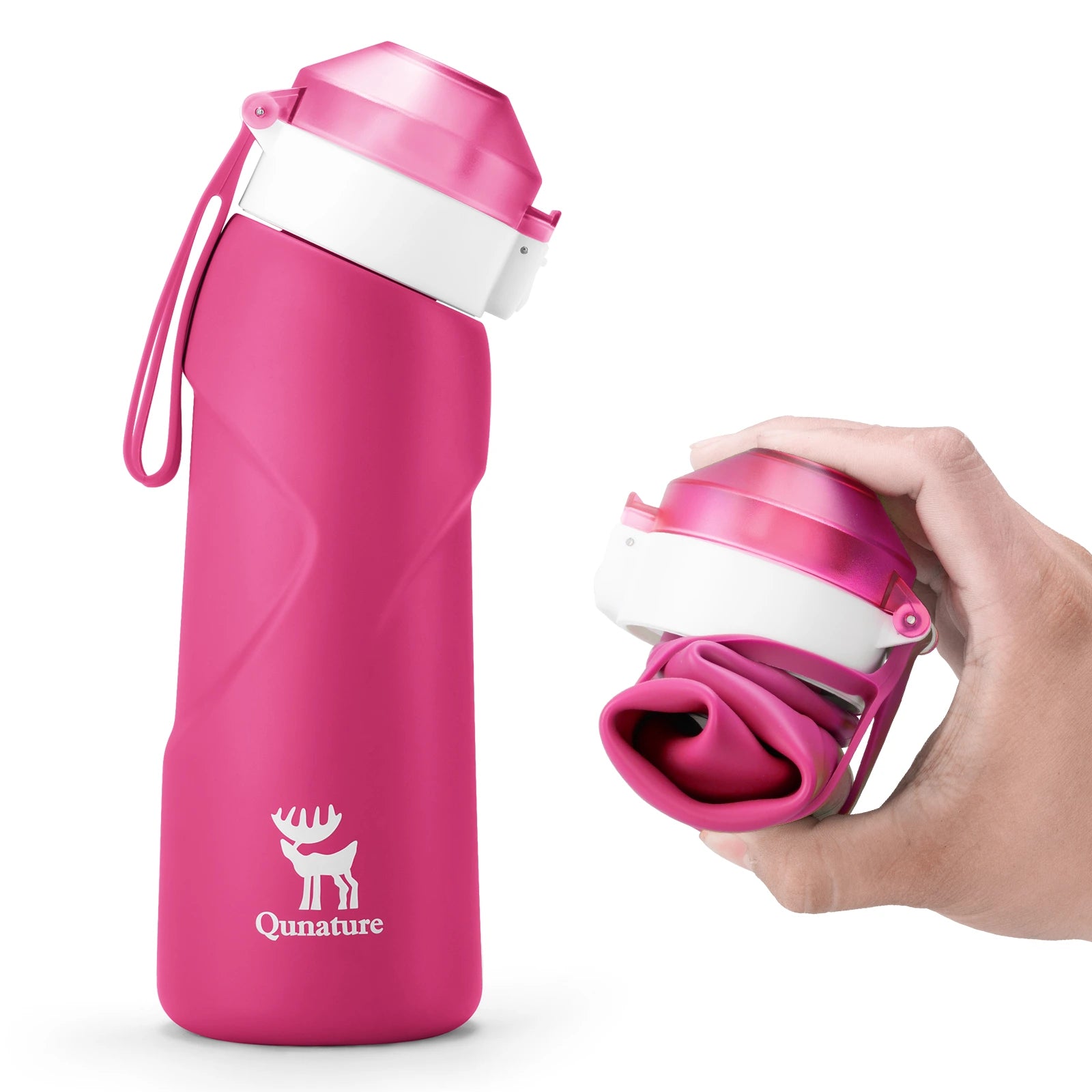 Pink water bottle with white cap and Qunature logo on a white background