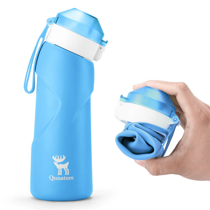 Blue water bottle with a white cap on a white background