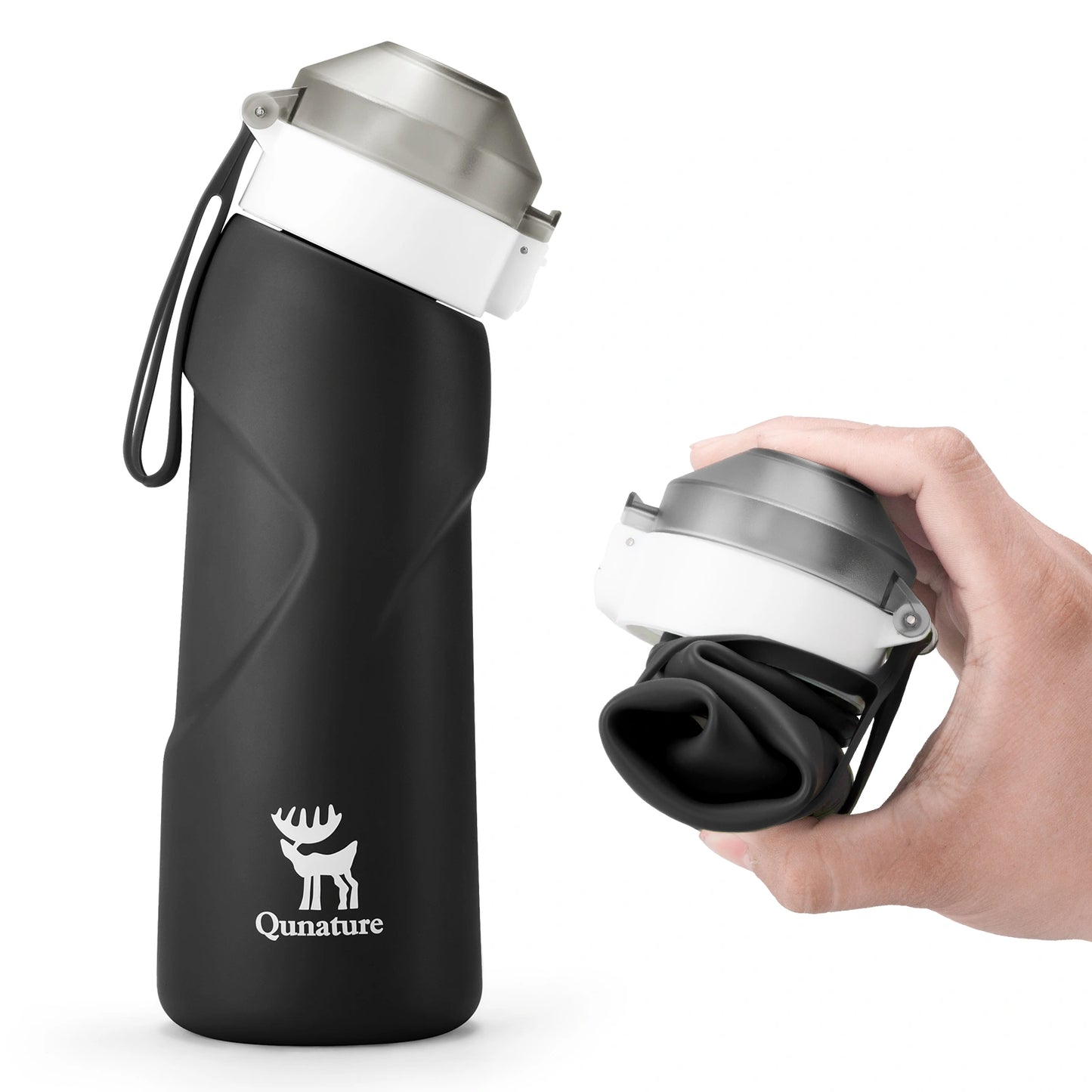Black water bottle with silver cap and Qunature logo on a white background
