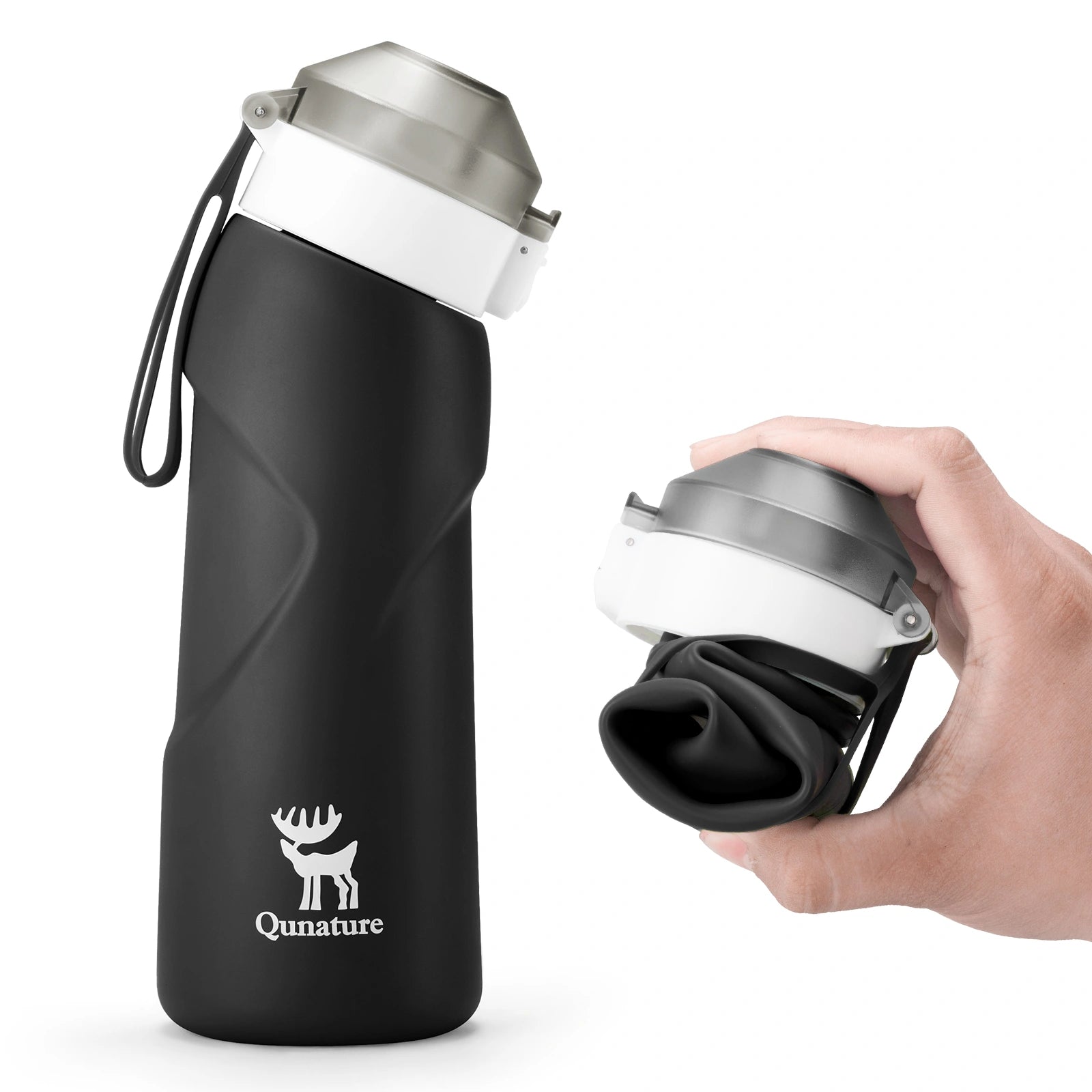 Black water bottle with silver cap and Qunature logo on a white background