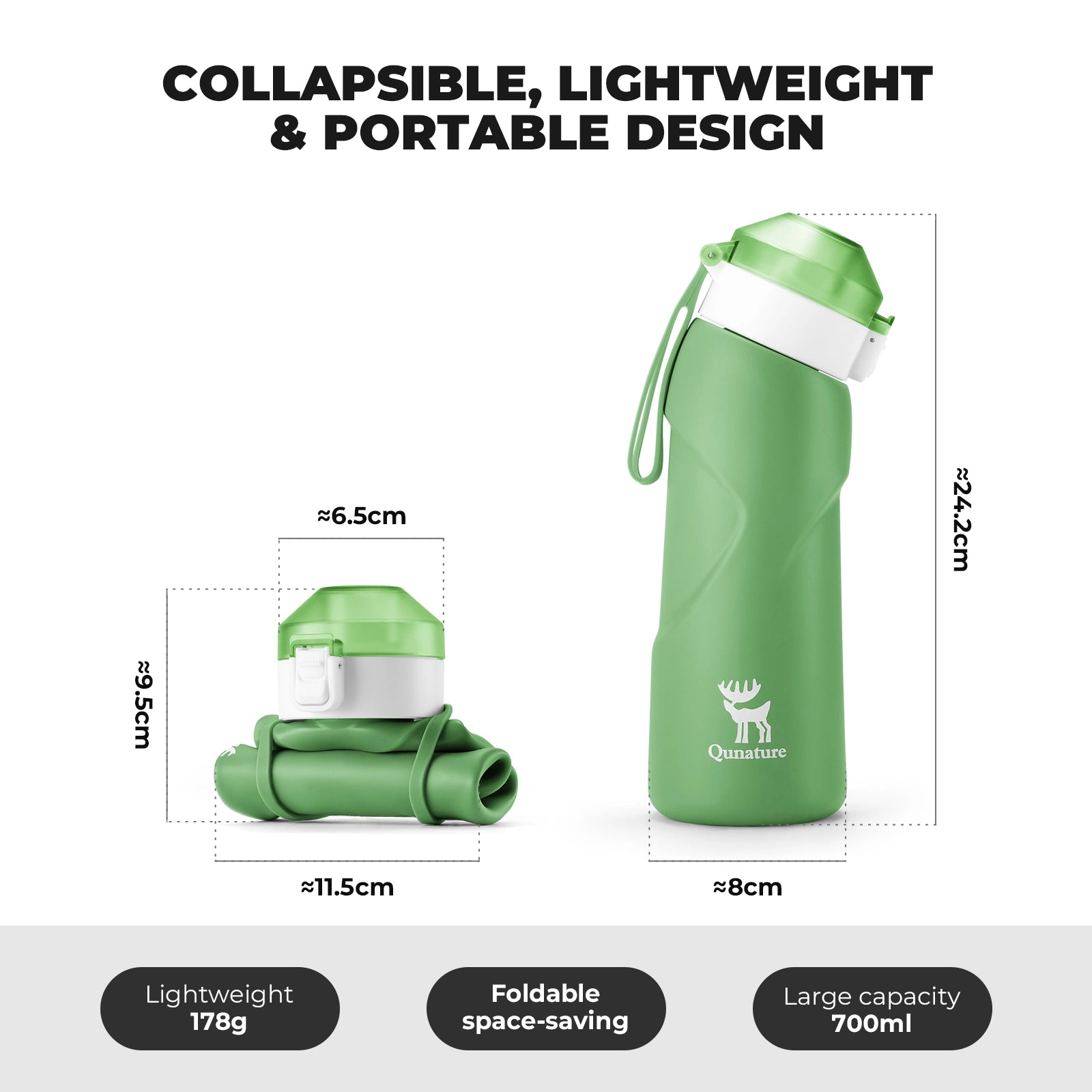 Green collapsible water bottle with dimensions and features on a white background