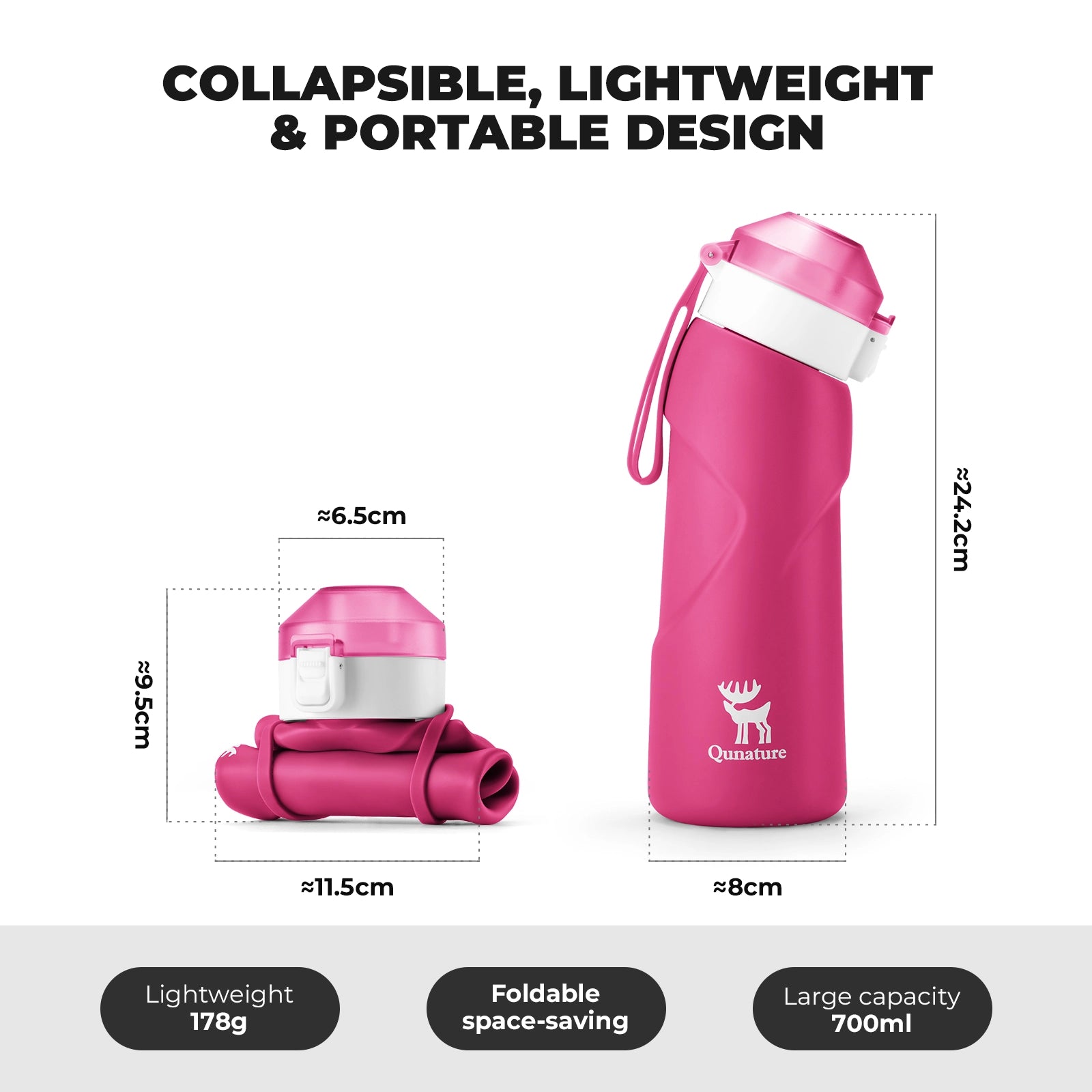 Collapsible pink water bottle with dimensions and features on a white background