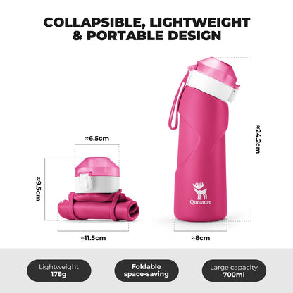 Collapsible pink water bottle with dimensions and features on a white background