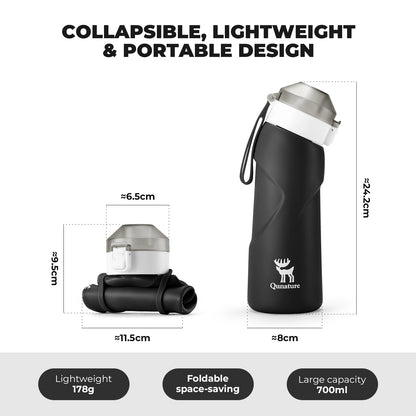 Collapsible, lightweight, and portable black water bottle with measurements and features on a white background
