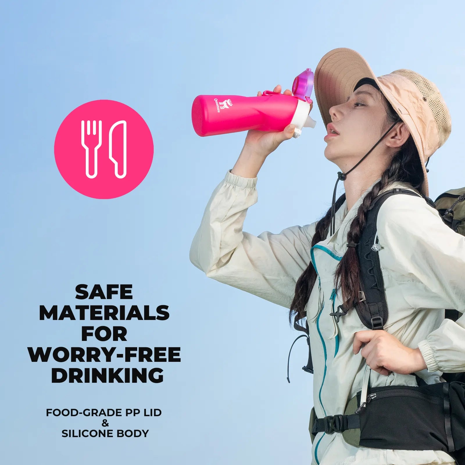 Person holding a pink water bottle with text about safe materials for drinking on a blue background