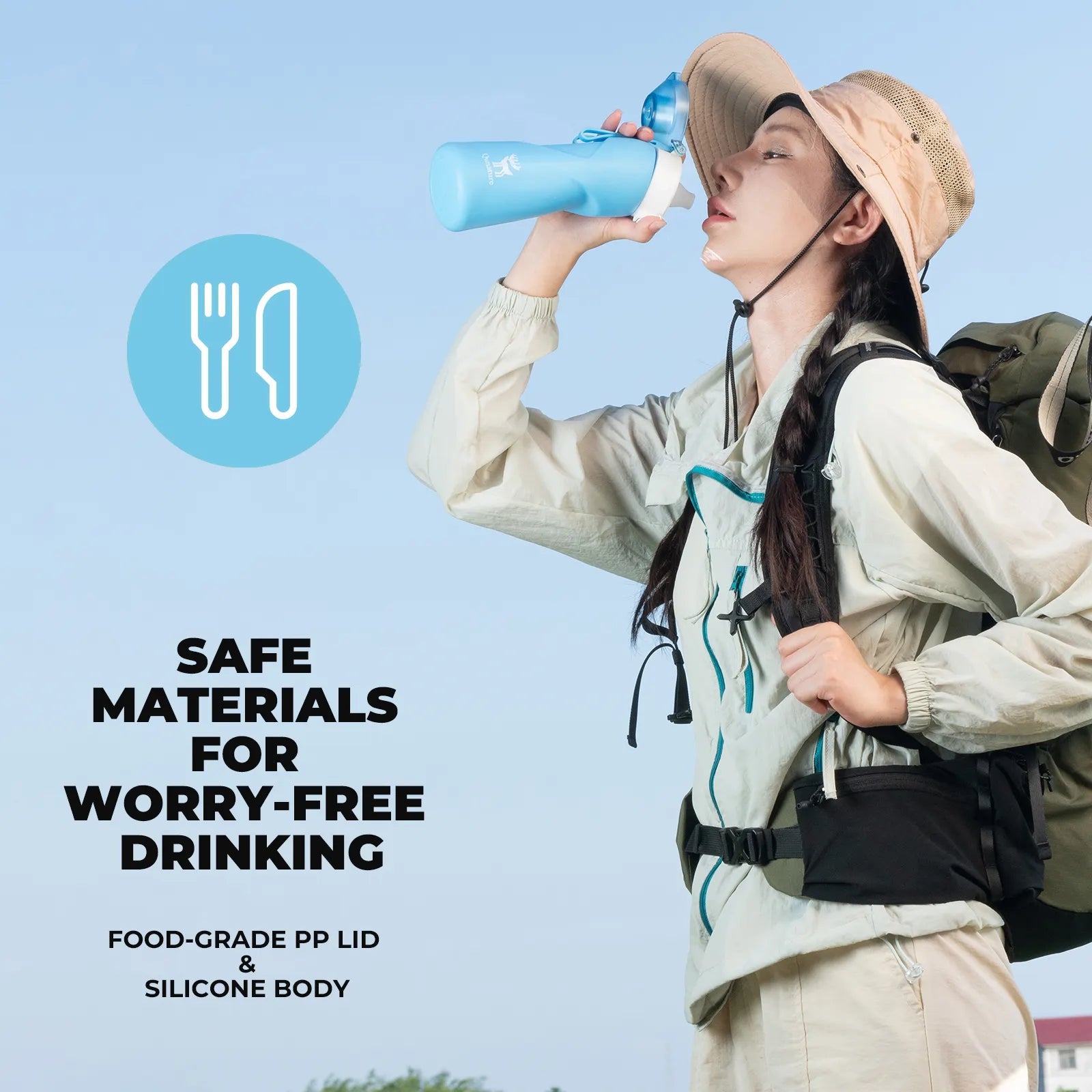 Person drinking from a blue water bottle with text about safe materials for drinking.