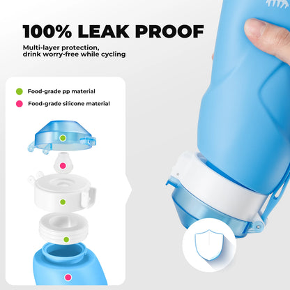 Blue water bottle with leak-proof feature, showing food-grade materials, on a white background.