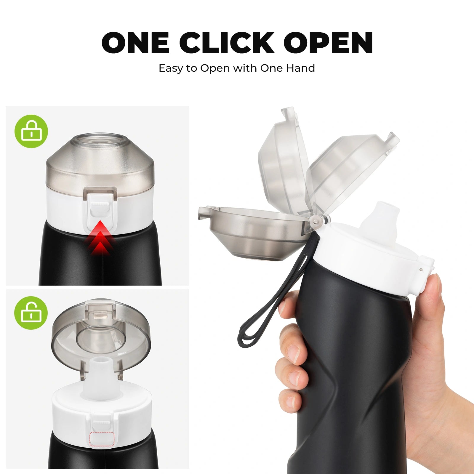 Black water bottle with white cap and one-click opening mechanism, held by a hand.