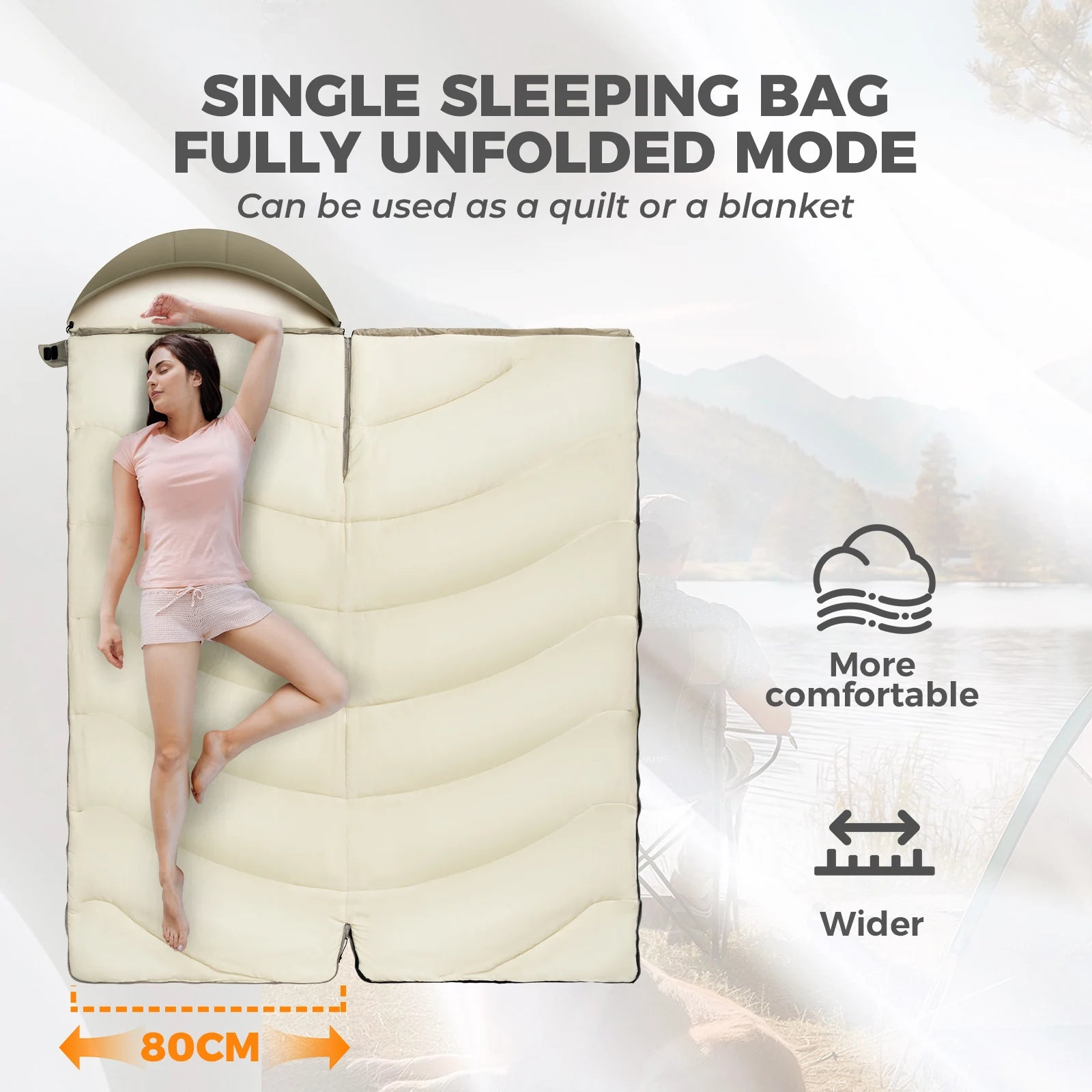 Sleeping bag fully unfolded with a person inside, labeled 'Single Sleeping Bag Fully Unfolded Mode'.