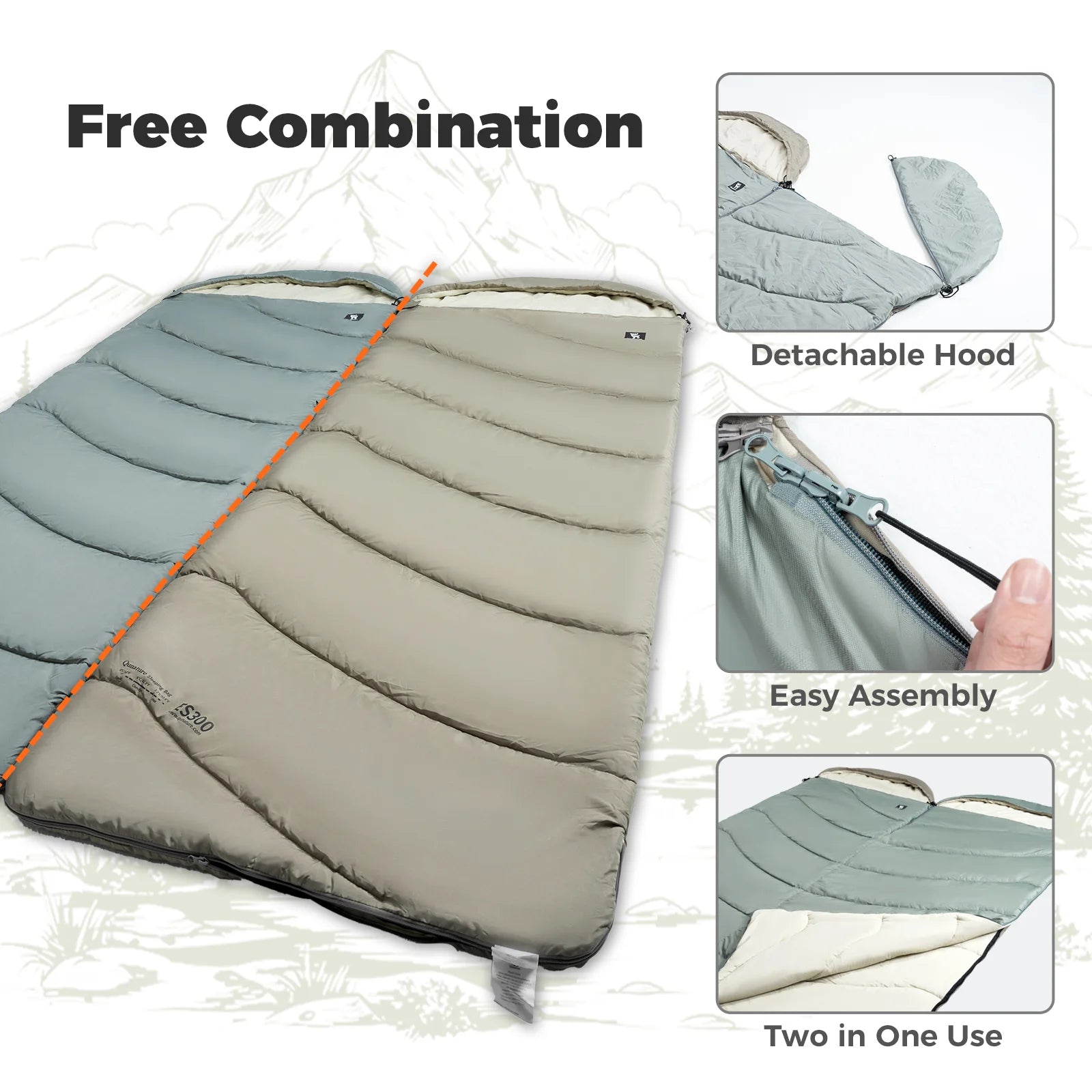 Sleeping bag with detachable hood and easy assembly features on a white background