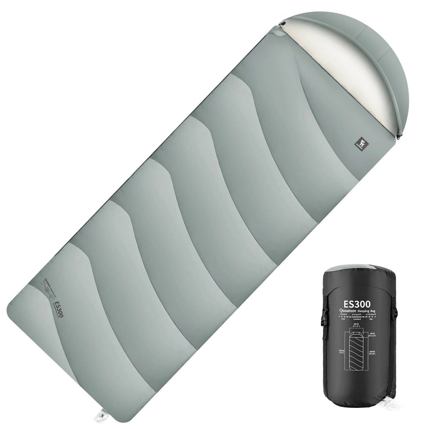 Gray sleeping bag with a black pump on a white background