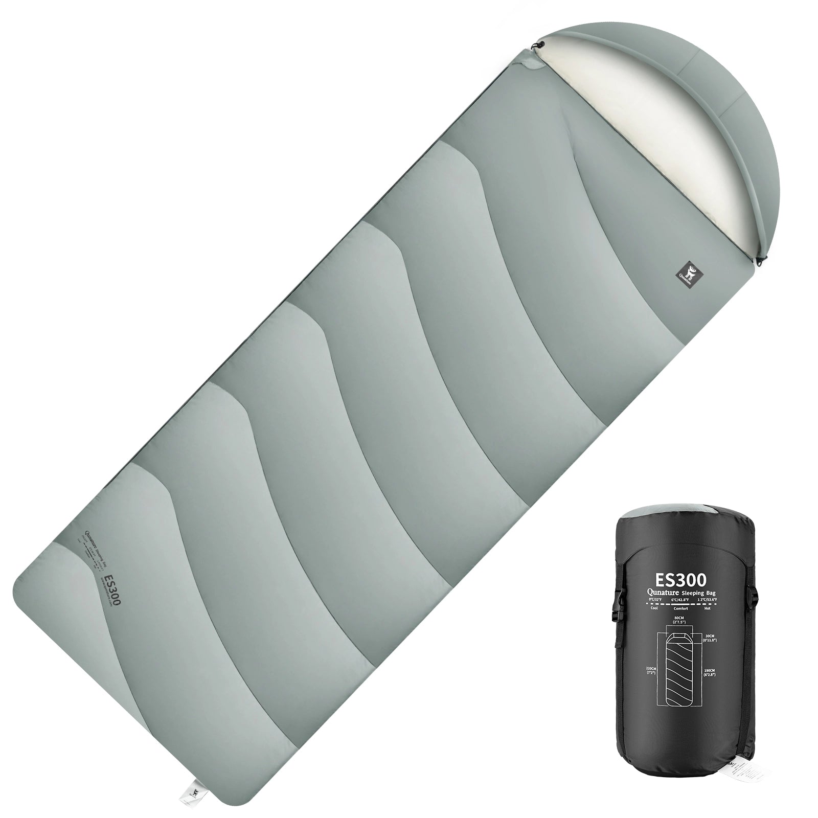 Gray sleeping bag with a black pump on a white background
