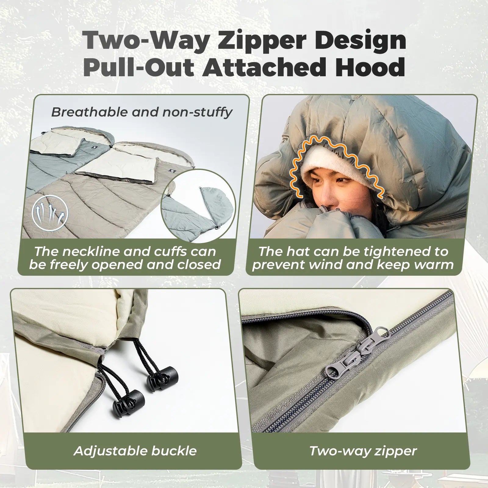 Product features of a jacket with a two-way zipper, pull-out attached hood, and adjustable buckle.