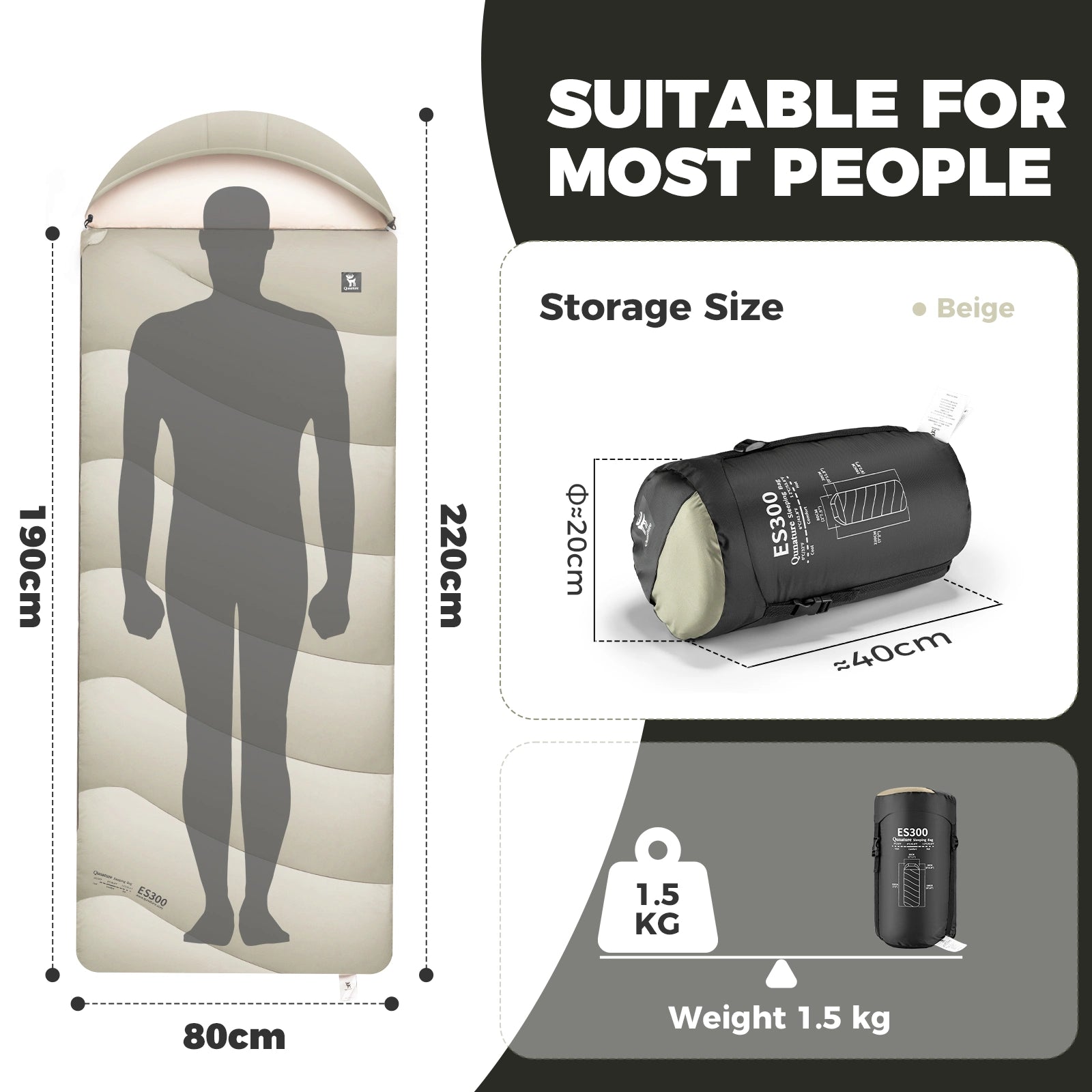 Inflatable sleeping pad with dimensions, storage size, weight, and suitability for most people indicated.