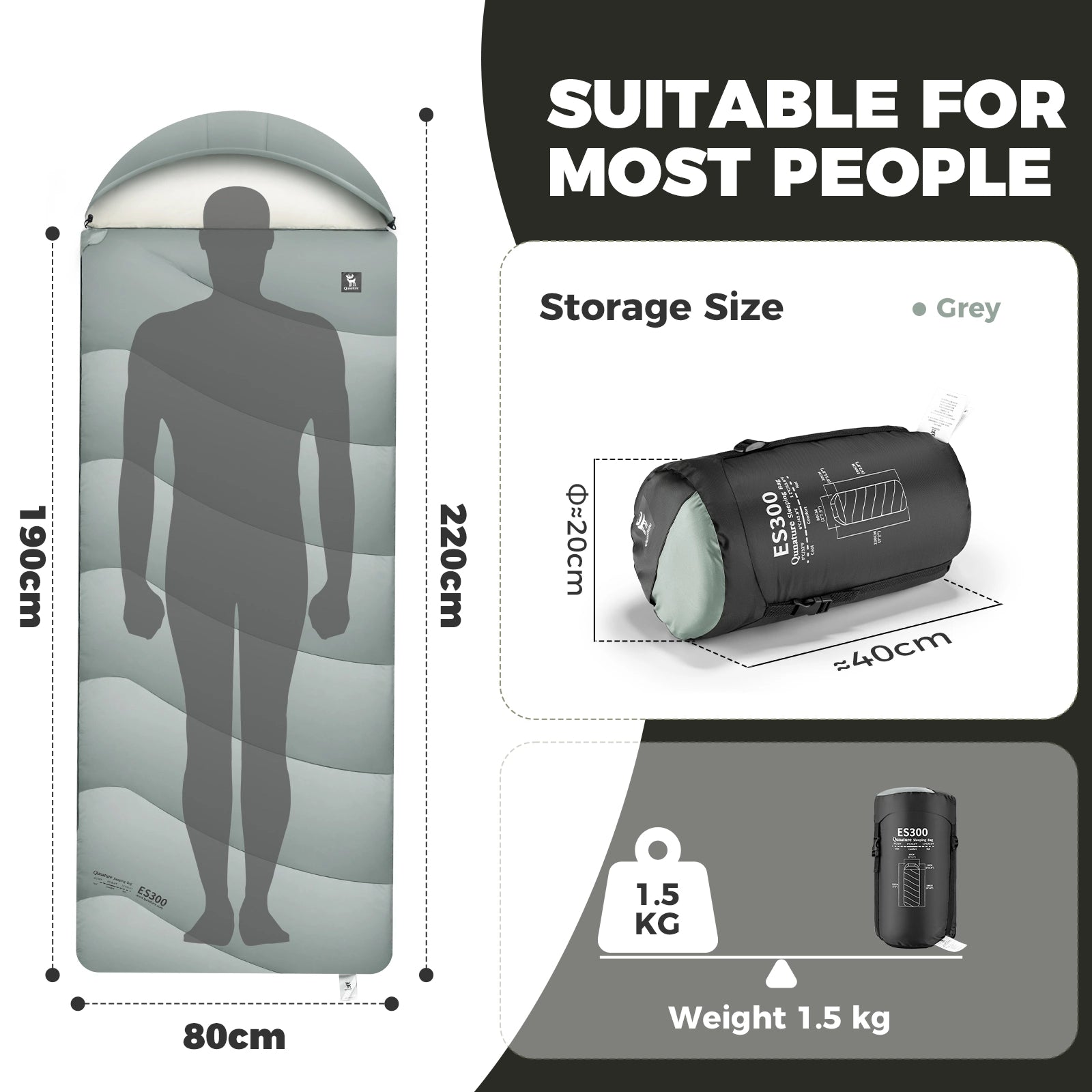 Inflatable sleeping pad with dimensions, storage size, weight, and suitability for most people indicated.