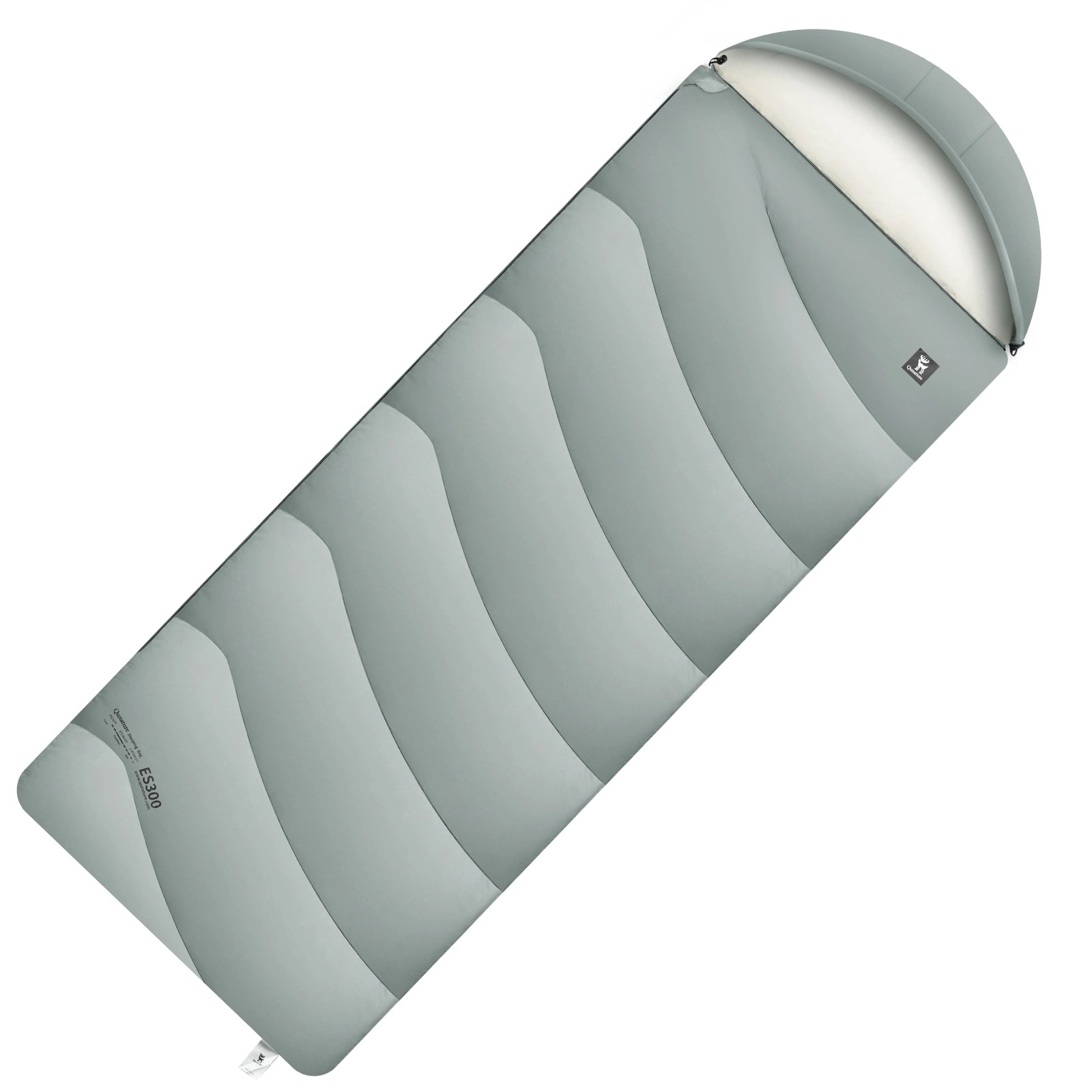 Gray and white striped sleeping bag on a white background