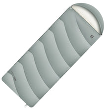 Gray and white striped sleeping bag on a white background
