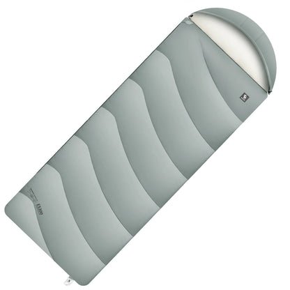 Gray and white striped sleeping bag on a white background