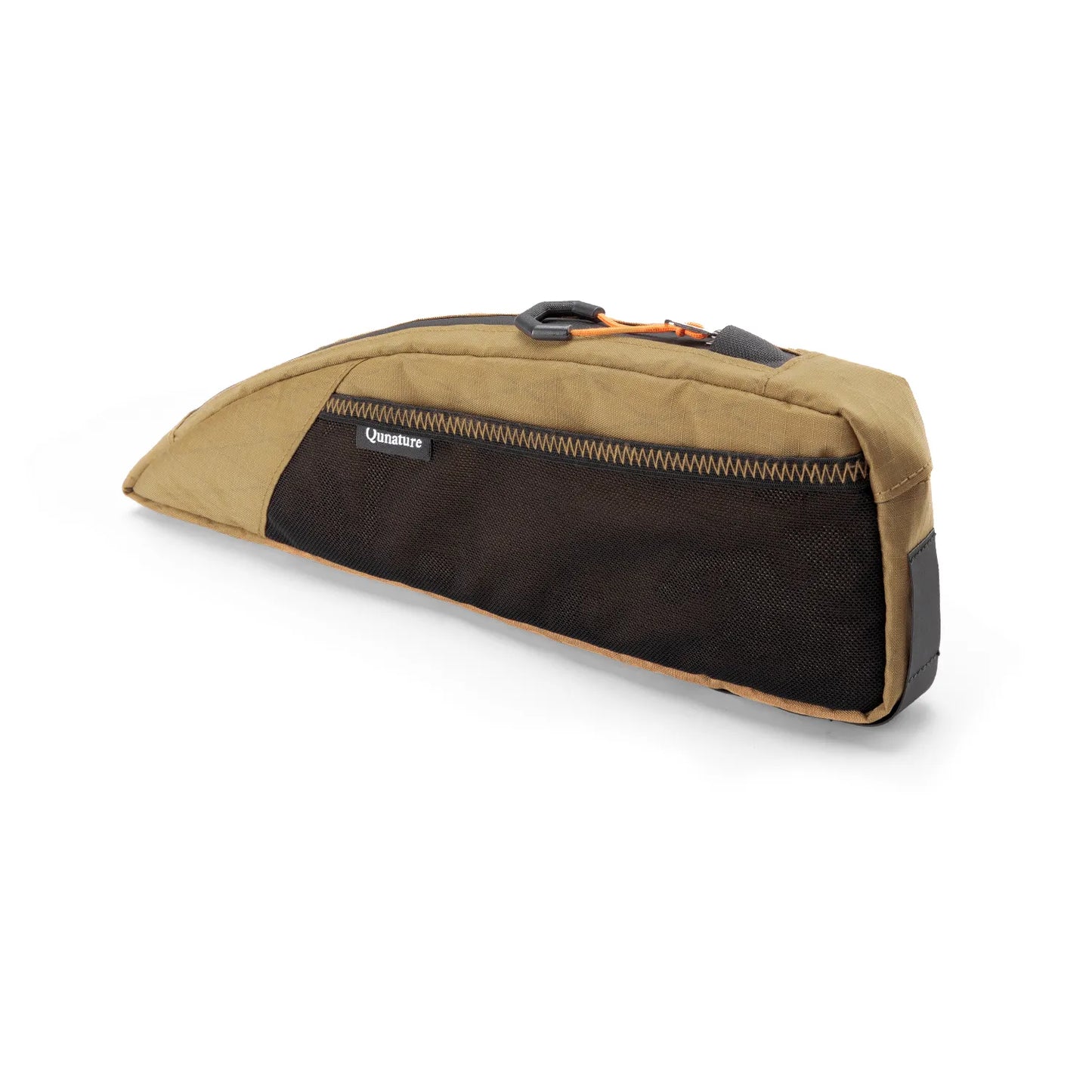 A khaki top tube bike bag with lots of storage pockets