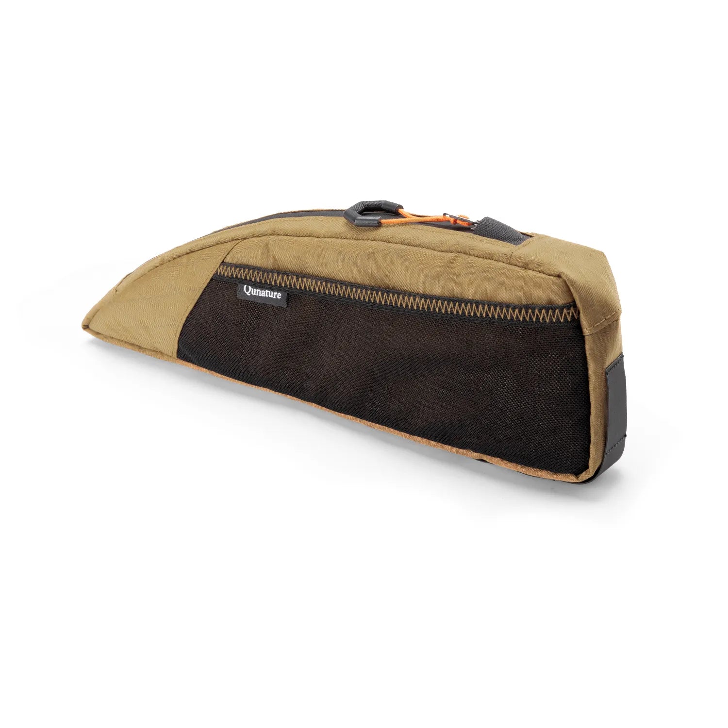 A khaki top tube bike bag with lots of storage pockets