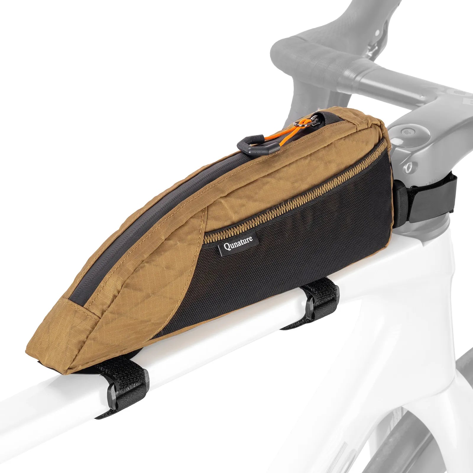 A khaki top tube bike bag with lots of storage pockets
