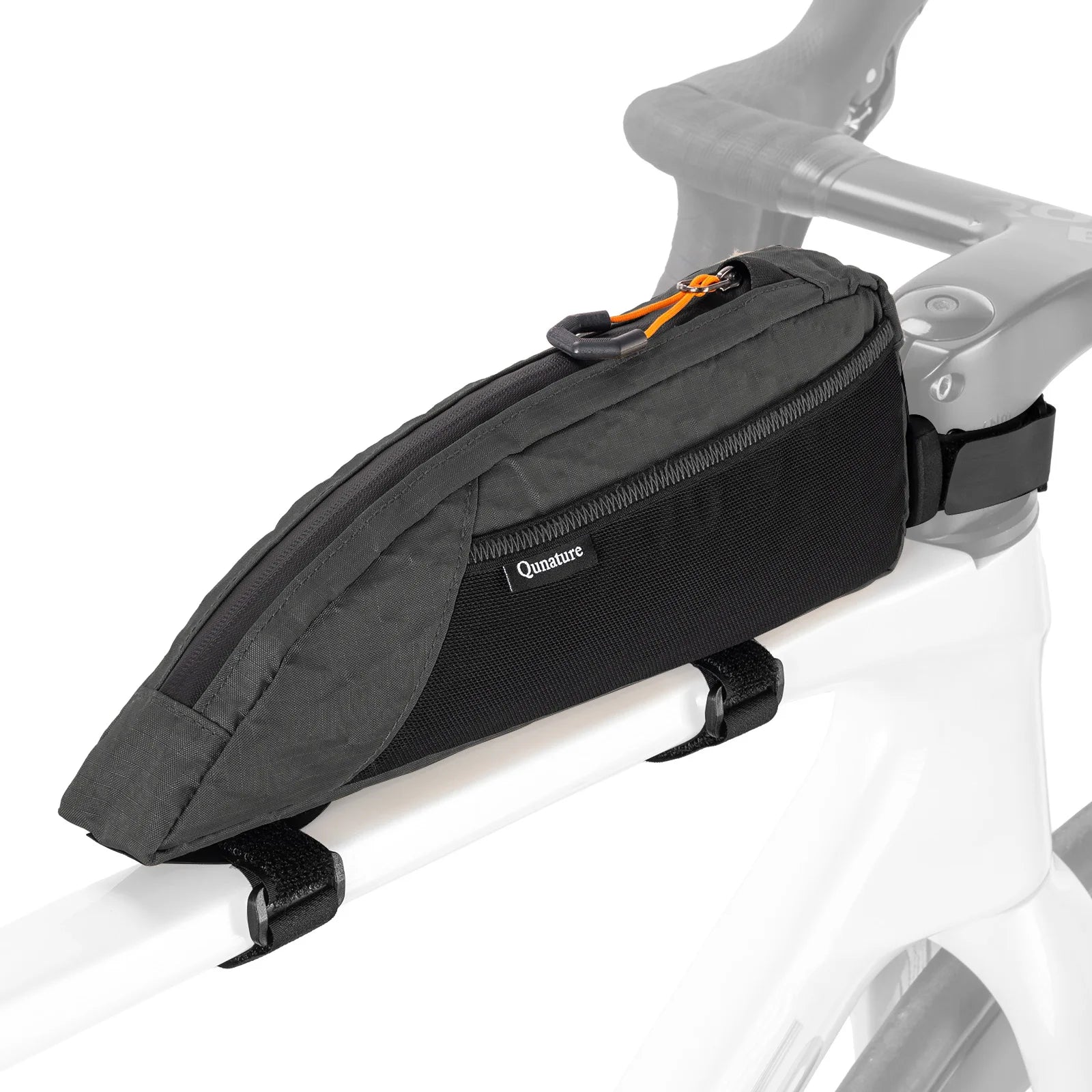 A black top tube bike bag with lots of storage pockets