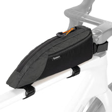 A black top tube bike bag with lots of storage pockets
