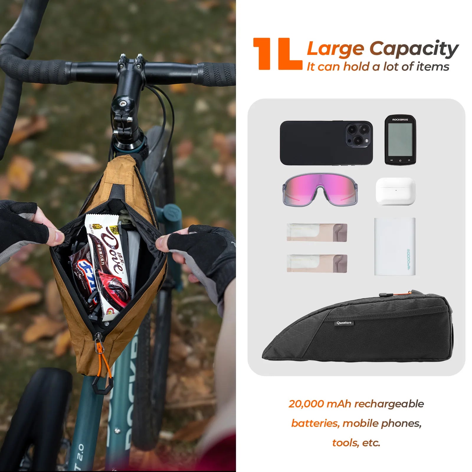 This top tube bag has a large capacity and can hold a lot of things