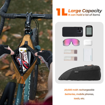 This top tube bag has a large capacity and can hold a lot of things