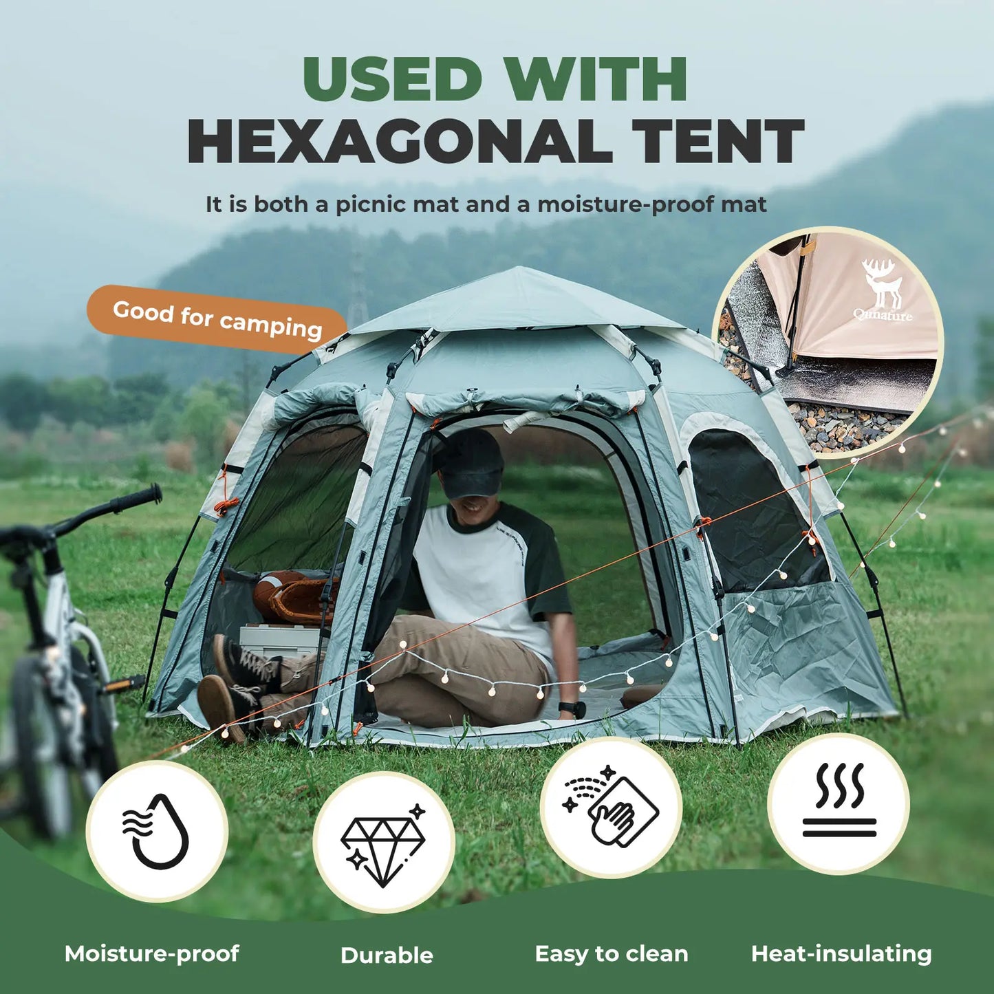 Hexagonal tent with a person inside, surrounded by nature, with text highlighting features and uses.