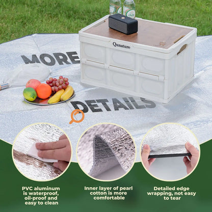 White picnic table with fruit, drinks, and a speaker on a green blanket with text and close-up details.