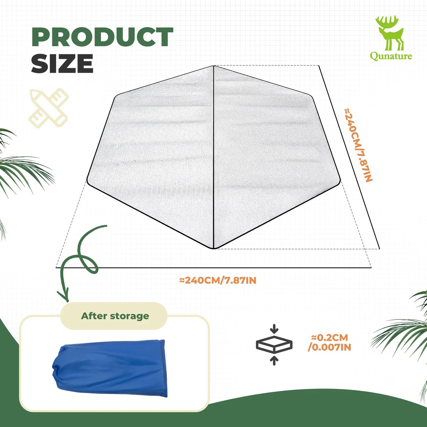 Product size chart for a tent with dimensions and Qunature branding.
