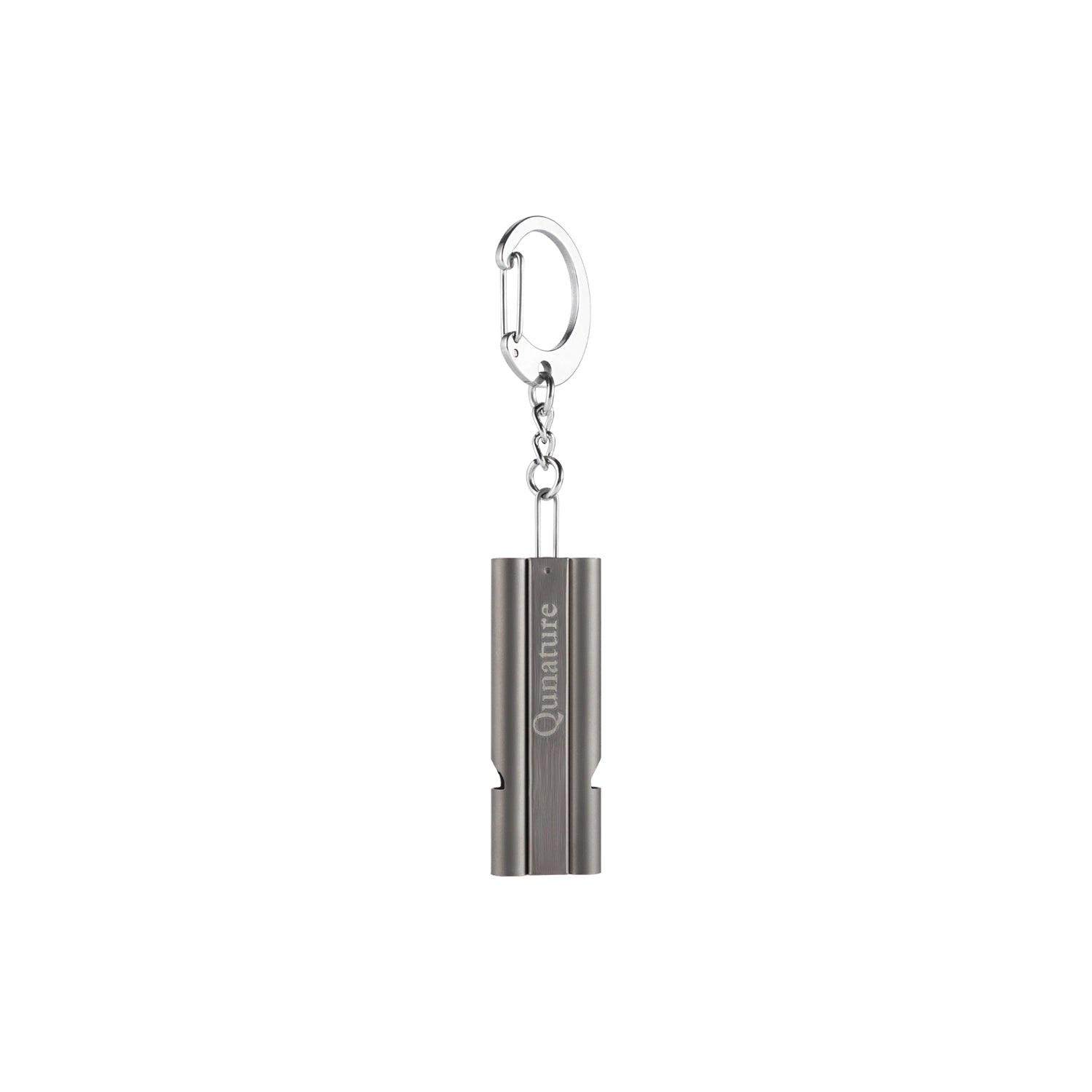 A silver metallic keychain drive with a cylindrical design and a carabiner clip, shown on a plain white background.