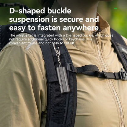 Close-up of a person wearing a tan jacket and black backpack, with white text explaining a D-shaped buckle suspension feature on the backpack strap.